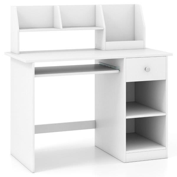 Mokyklinis rašomasis stalas vaikui su lentyna ir klaviatūros padėklu (Baltas)